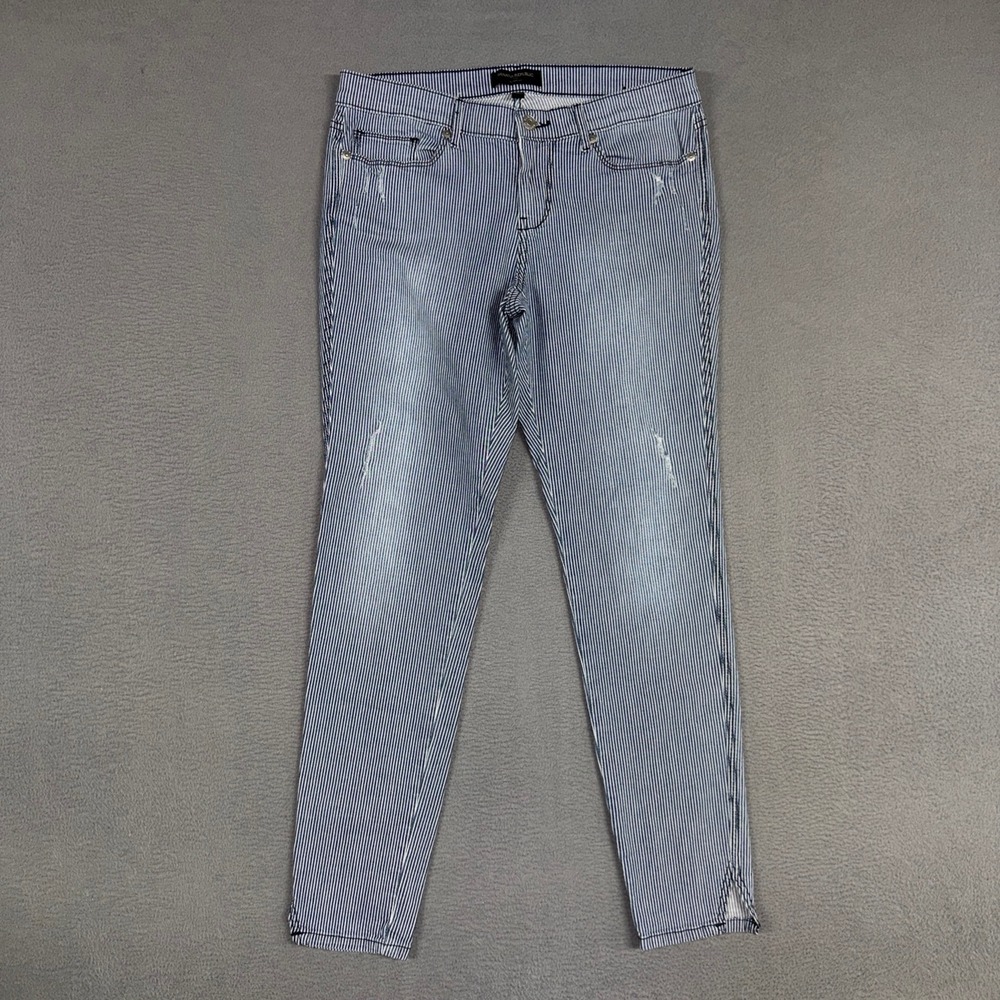 Banana Republic Jeans Womens 8 Blue Striped Skinny Fit Distressed Side Slit